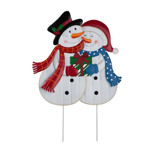Glitzhome Metal Lovely Snowman Yard Stake or Standing Decor or Wall Decor, 30" - Multi